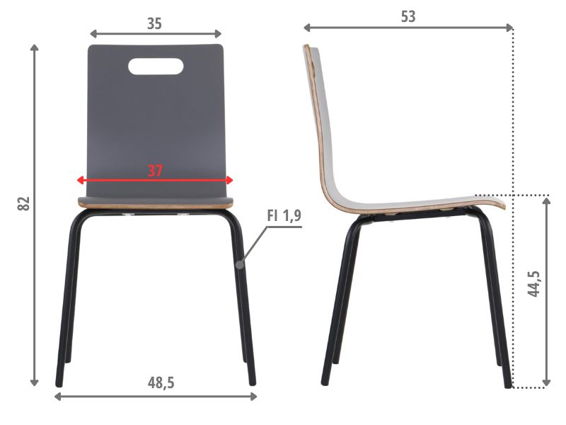 Krzesło kubełkowe z grubą sklejką (11 mm), pokrytą wytrzymałym laminatem, gwarantuje solidność i łatwość utrzymania. Stelaż spawany o średnicy rurki 19 mm i grubości ścianki 2,2 mm zapewnia stabilność i trwałość.